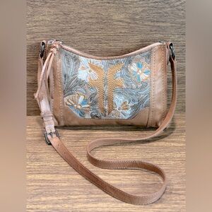 Frye Melissa Crossbody Bag Embroidered Floral Tan Leather Boho Purse Western